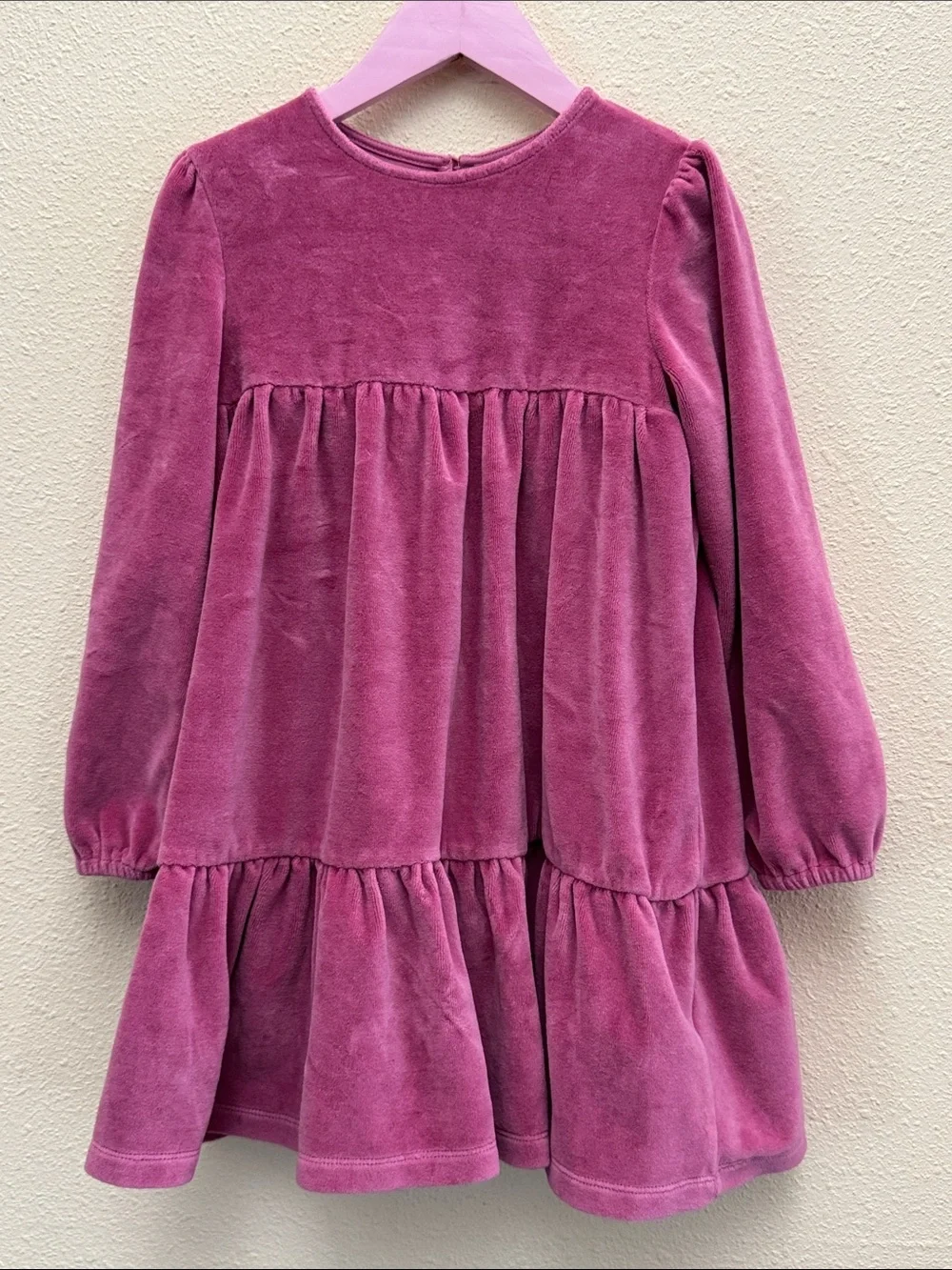 Mini Boden Girls' Velvet Long-Sleeve Tiered Dress In Pink Rose Size 7-8Y